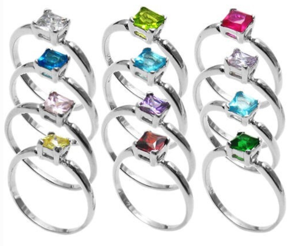 925 Sterling Silver Child’s Baby Princess Cut CZ Birthstone Ring Choose Month