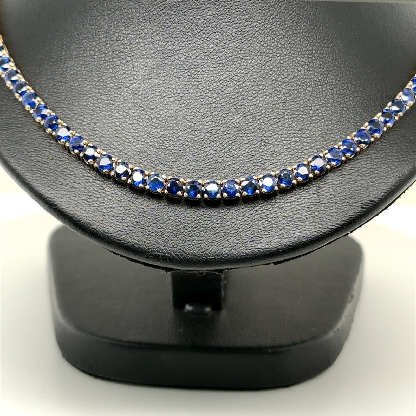14K Yellow Gold 17″ Full Eternity Round Blue Sapphire Tennis Necklace 28.85ctw