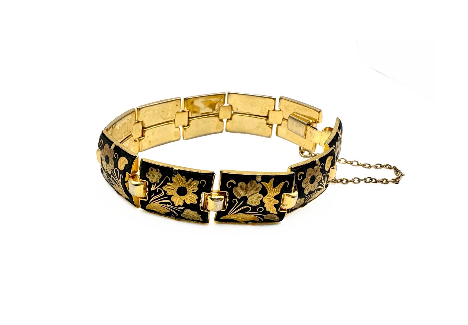 Vintage Damascene Link Bracelet Black Gold Floral Inlay Spain With Safety Chain