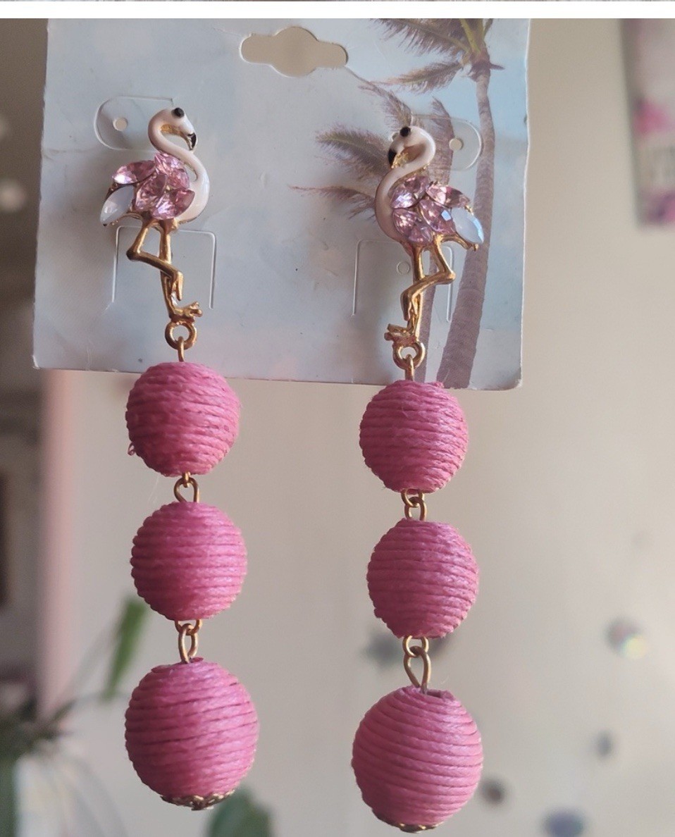 NWT Earrings Paradise Shores Pink Flamingo Enamel, Rhinestone Twine Ball Drops