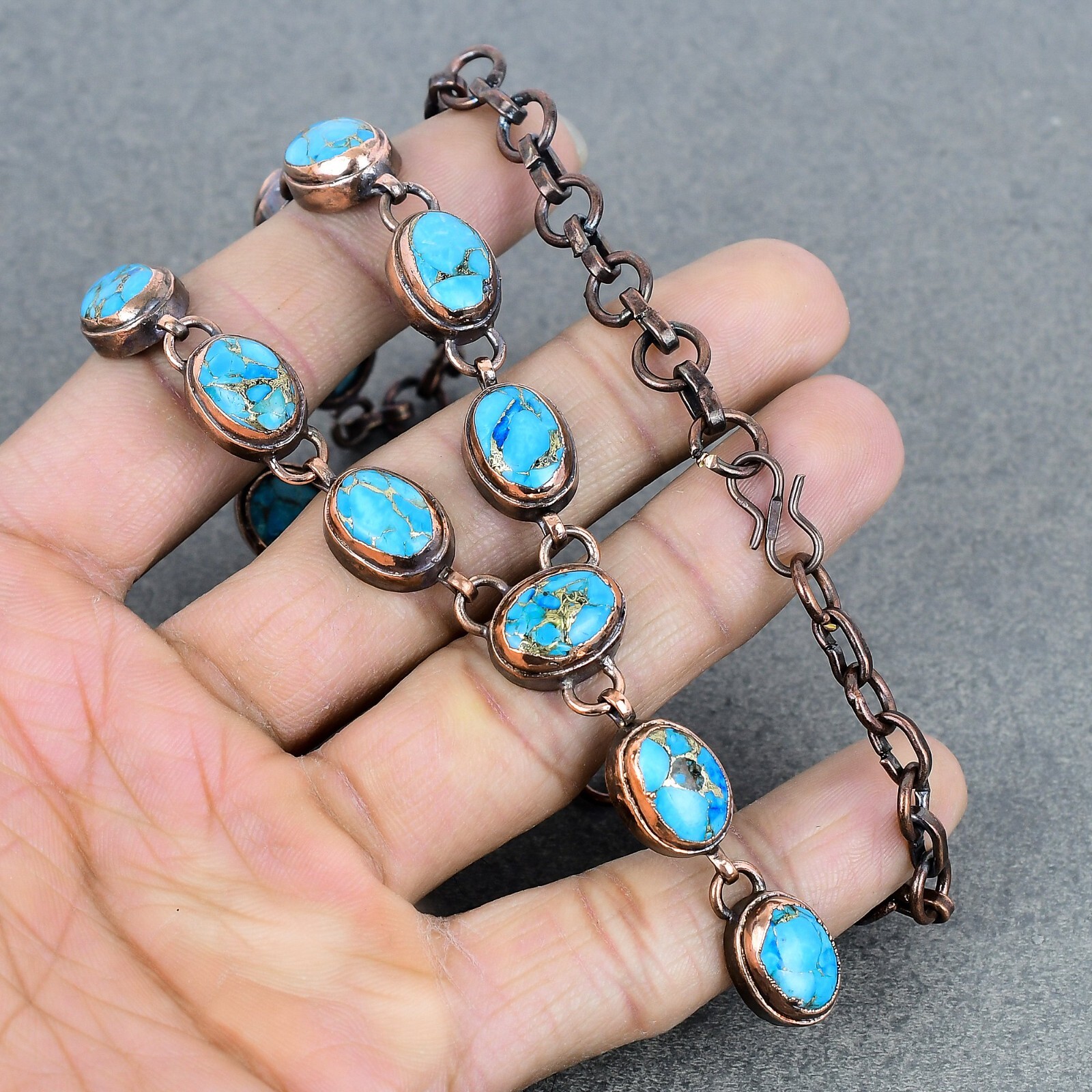 Copper Oval Copper Blue Turquoise Gemstone Electroformed Chain Necklace Jewelry