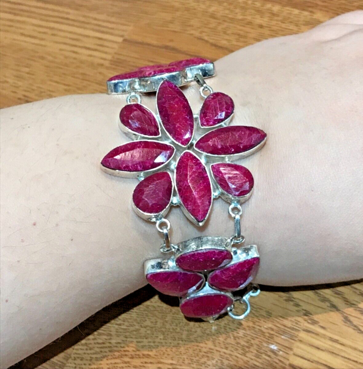 🔥925 STERLING SILVER HUGE LARGE RAW CHERRY RUBIES CHUNKY BRACELET WOMEN 8 in