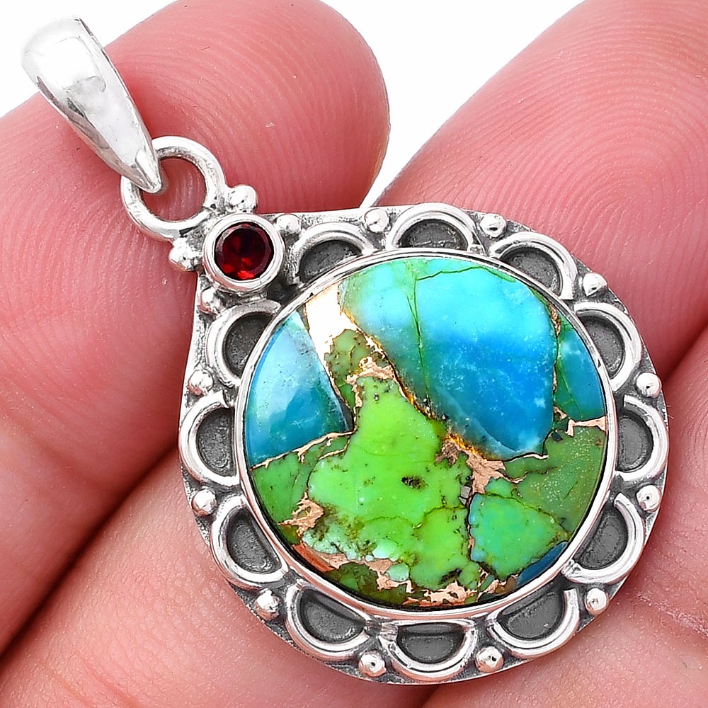Blue Turquoise In Green Mohave and Garnet 925 Silver Pendant Jewelry P-1080