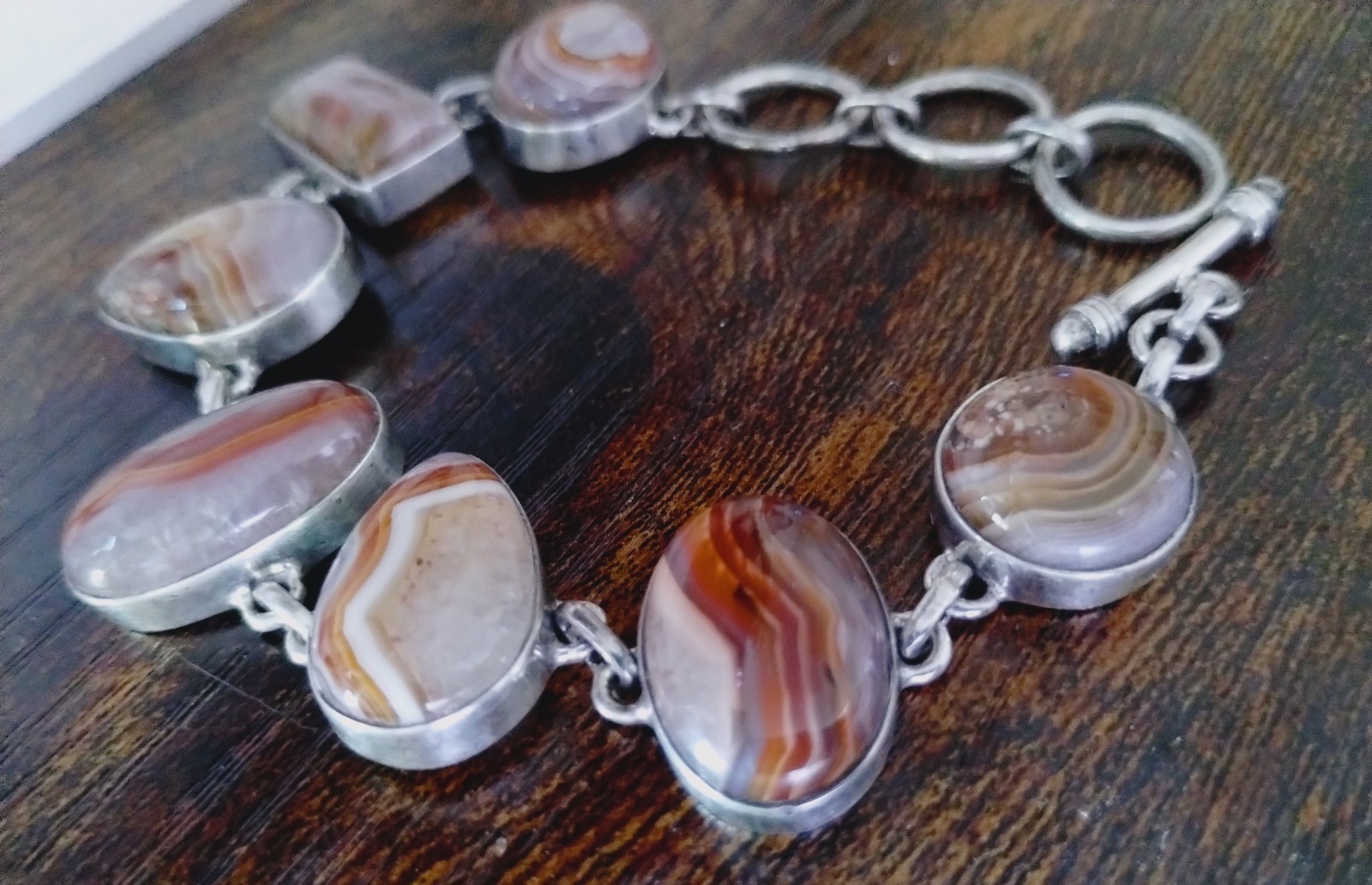 Natural SJ Red Banded Agate Stone Sterling Silver Sajen Toggle Bracelet 7-9in