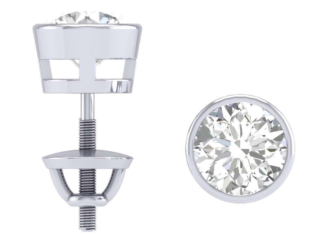 SI1 G 0.70 Ct Diamond Solitaire Studs Earrings Bezel Set 14K White Gold 4.40 mm