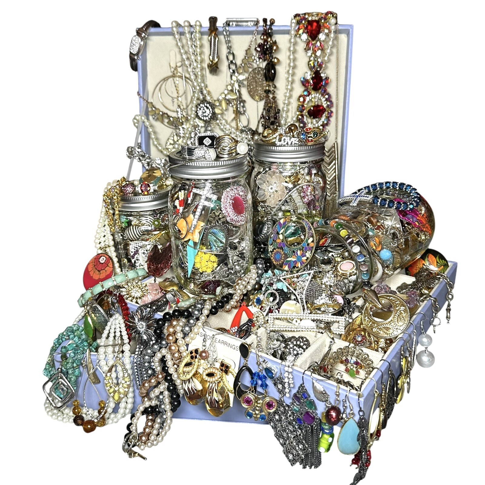 1+Lb Full (1) Ball Mason Jar Mystery Lot All Wearable Jewelry GUC Necklaces Etc.
