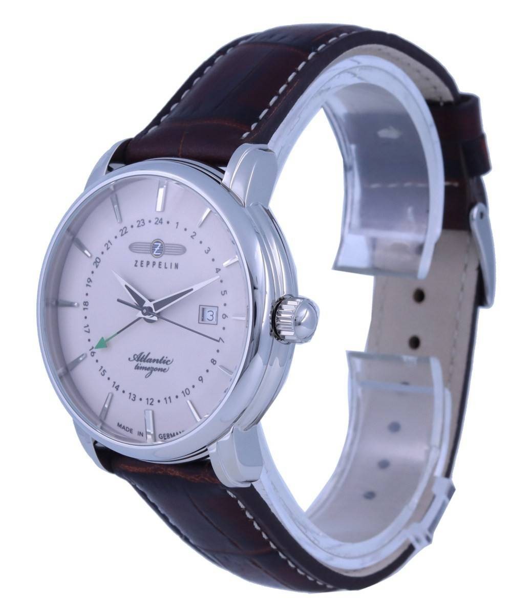 Zeppelin Atlantic Timezone Beige Dial Leather Strap Quartz 84425 50M Mens Watch