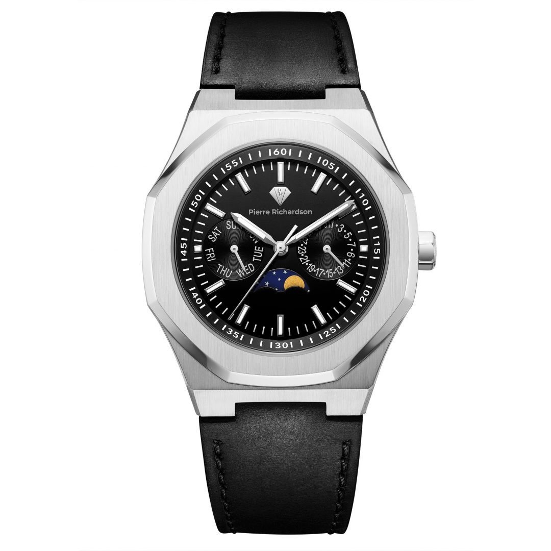 PIERRE RICHARDSON Men Watch Leather Black Silver Rose Gold St. Steel Waterproof