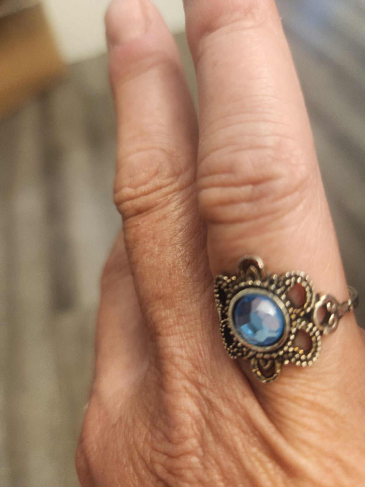 Gold Tone Bezel Set Blue Round Stone Cocktail Ring Size 6, 1 Gemstone