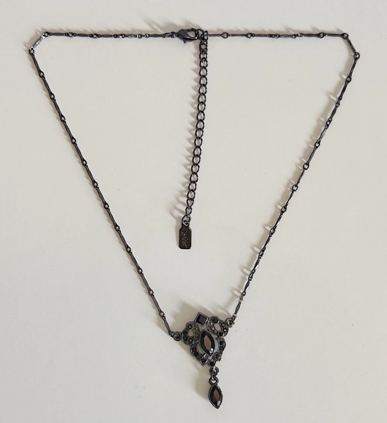 VTG 1928 Jewelry Co Black Rhinestone Marquise Y Drop Necklace Gunmetal Gothic
