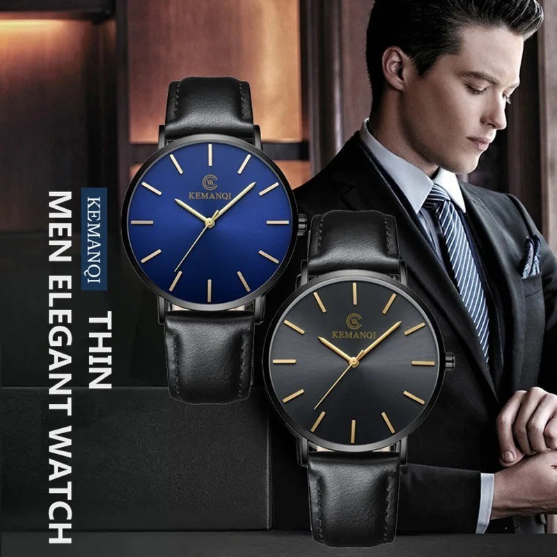 Men Trendy Ultra Thin Minimalist Watch Slim Leather Strap Stainless Steel Quartz