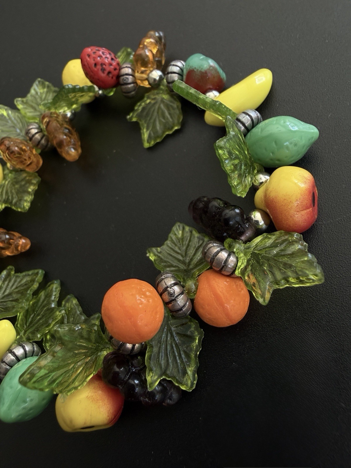 Vintage Plastic Acrylic Resin Fruit Salad Charm Bracelet Colorful Beads Silver