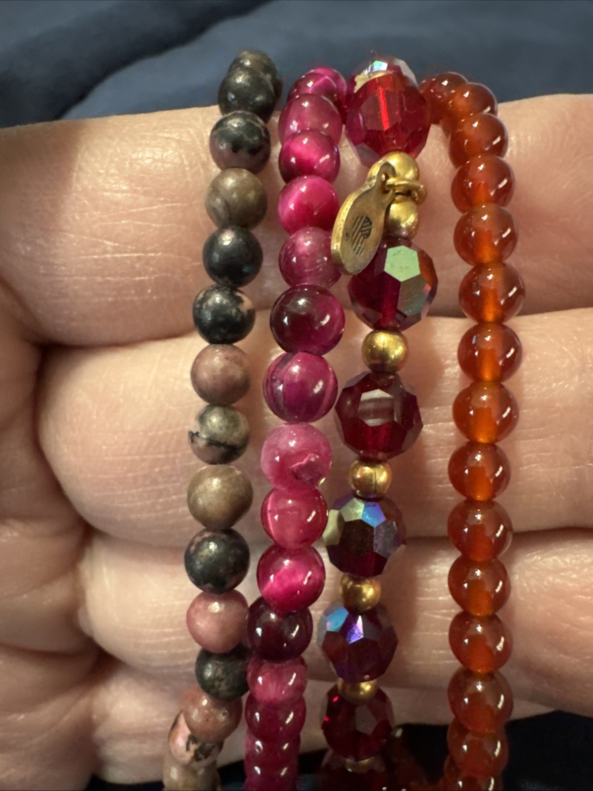 Beaded Gemstone Stretch Bracelets, Set Of 4- Red, Pink, Orange…Approx 2-3mm