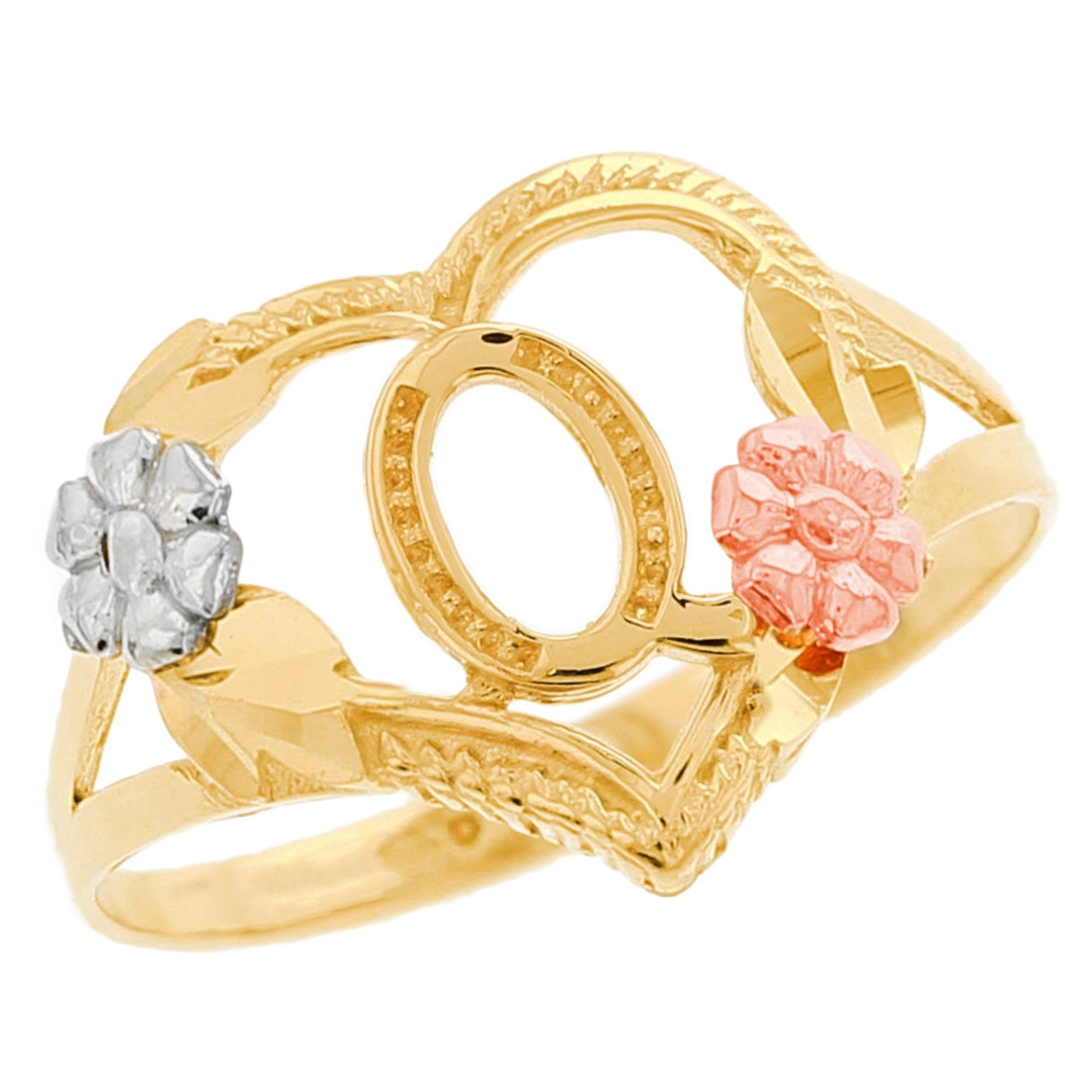 JackAni 10k or 14k Multi-Tone Gold Dazzling Floral Letter Initial Q Heart Ring