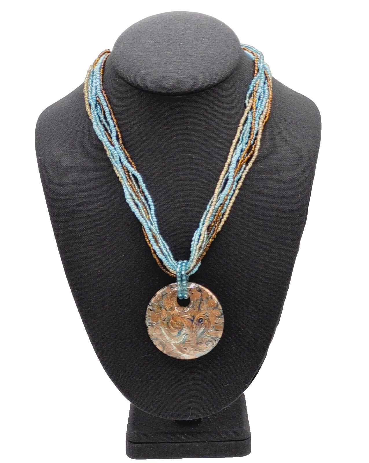 8 Strand Seed Beed Necklace with Metallic Foiled Large Round Art Glass Pendant
