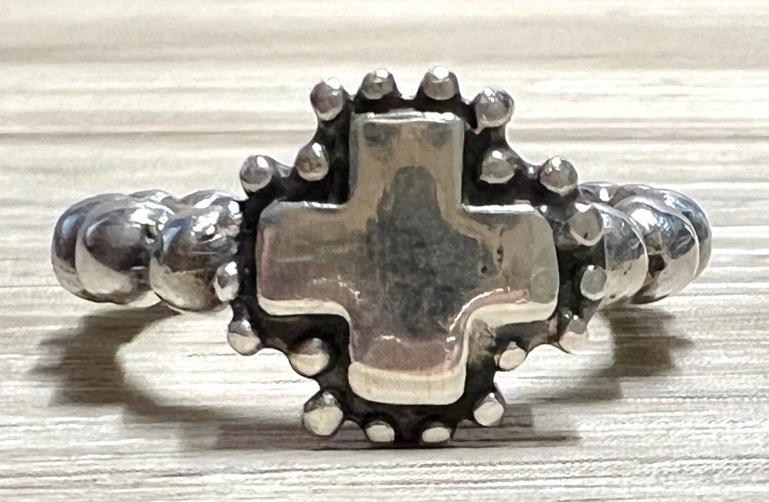 Designer Dian Malouf Sterling Silver Beaded Shank Cross Eternity Ring, Size 6.5