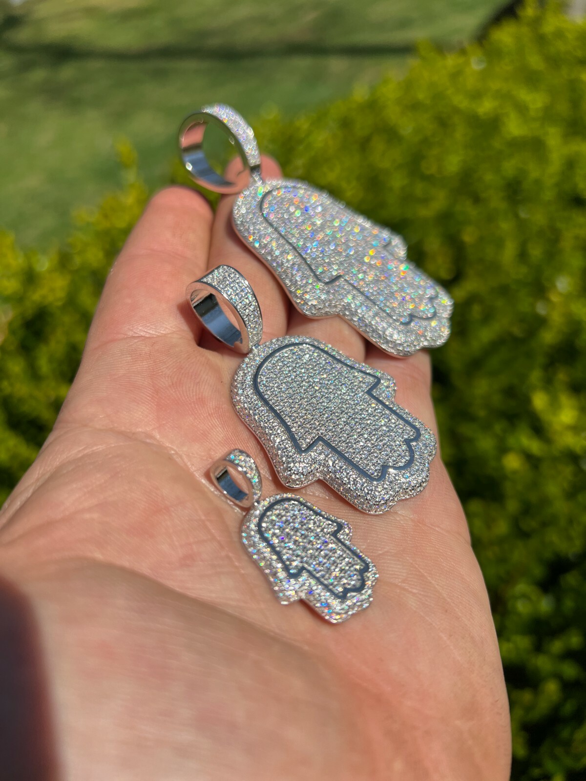 Real 925 Sterling Silver MOISSANITE Hamsa Hand Iced Pendant Passes Tester