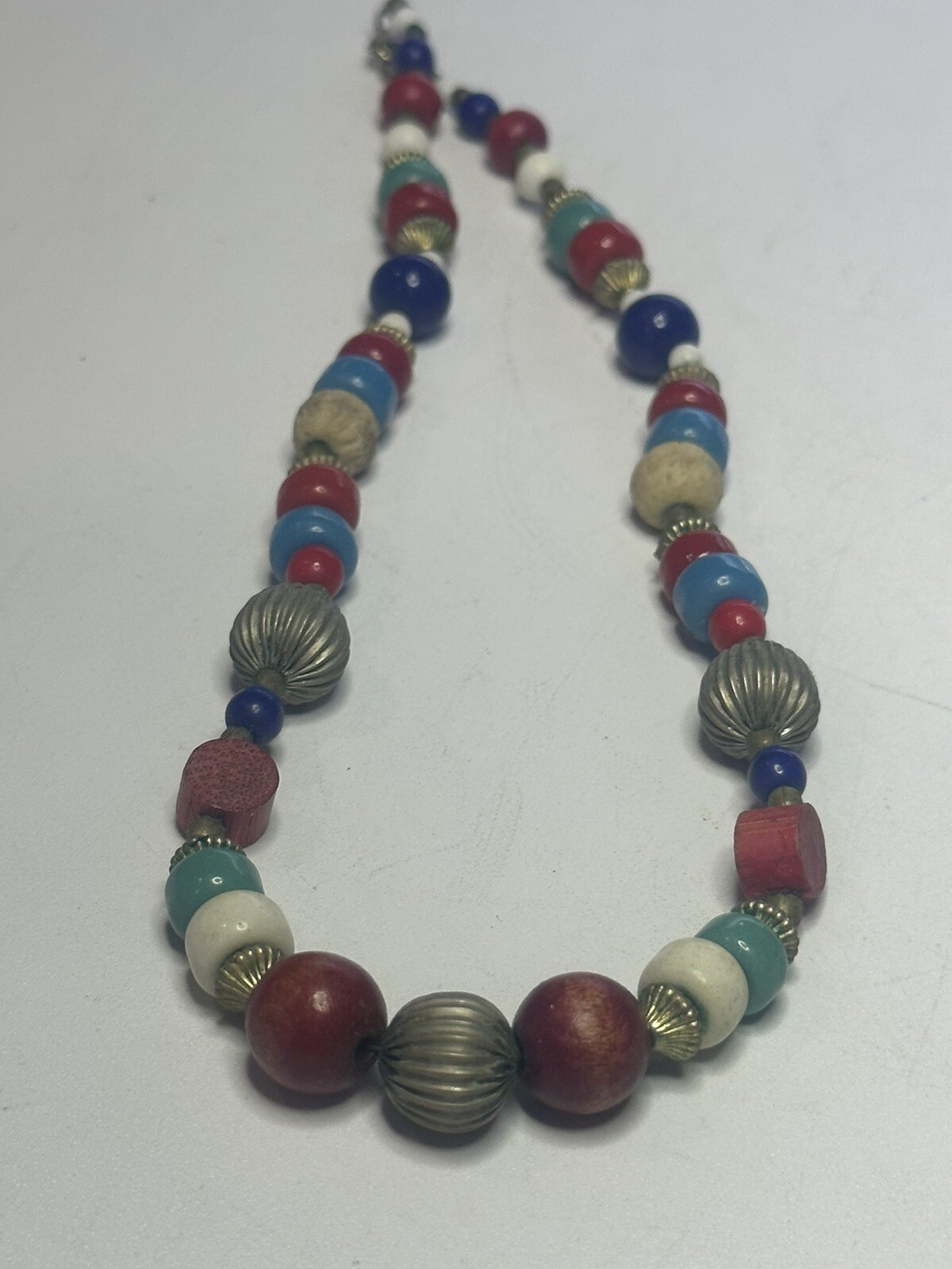 Patriotic Wood Plastic And Metal Beaded 15” Necklace
