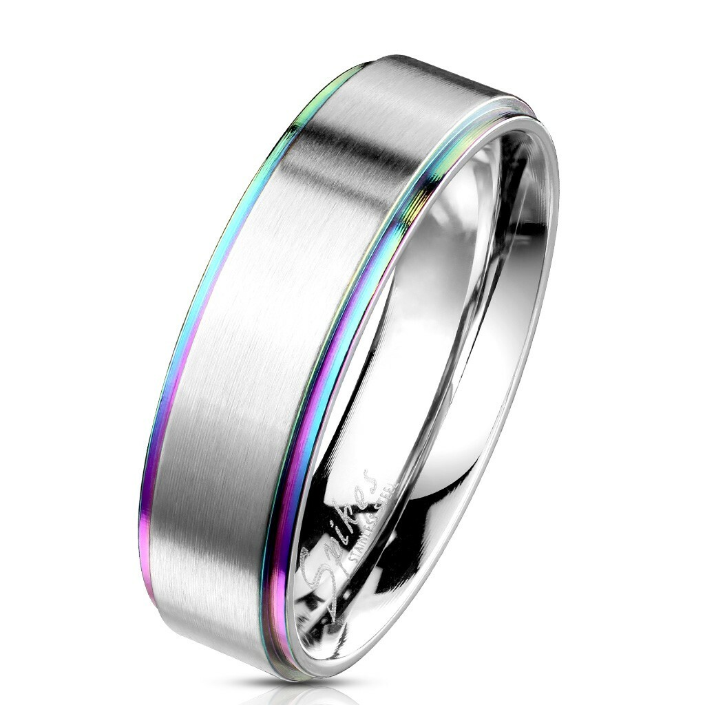 Stainless Steel Brushed Center Rainbow Step Edge Wedding Band Ring Size 5-13