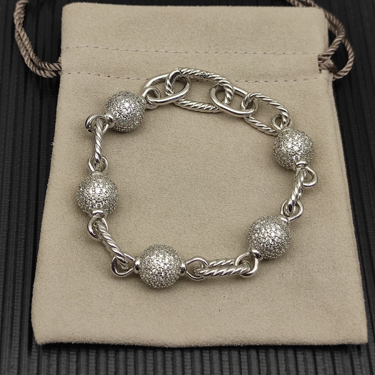 David Yurman 925 Sterling Silver Pavé Diamond Ball Cable Link Bracelet 21cm