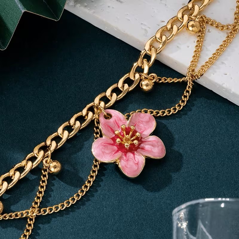 Triple Drop Chain Womens Pendant Anklet Pink Flower Lobster Clasp Adjustable