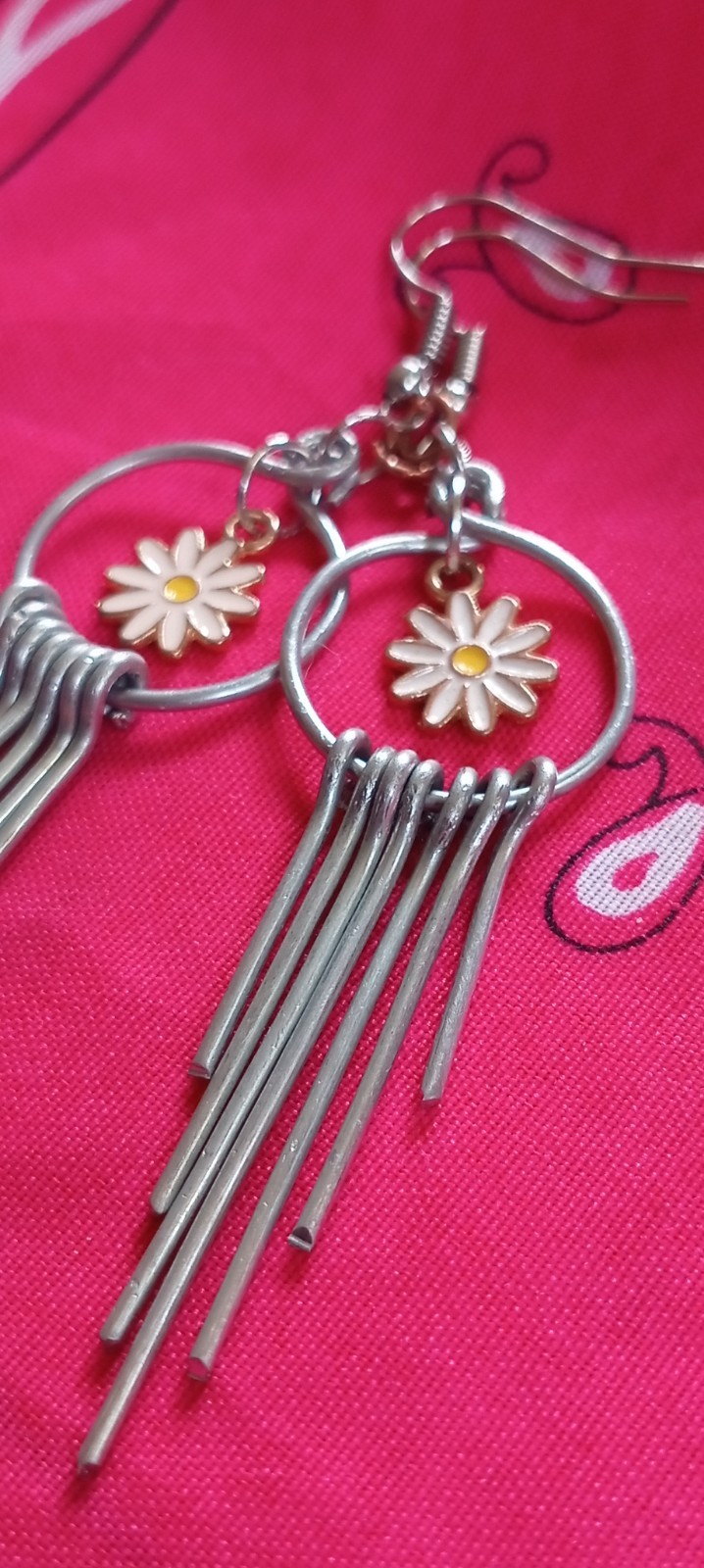 Silver & White Daisy Flower Round Metal Dangle/Drop Hook Earrings
