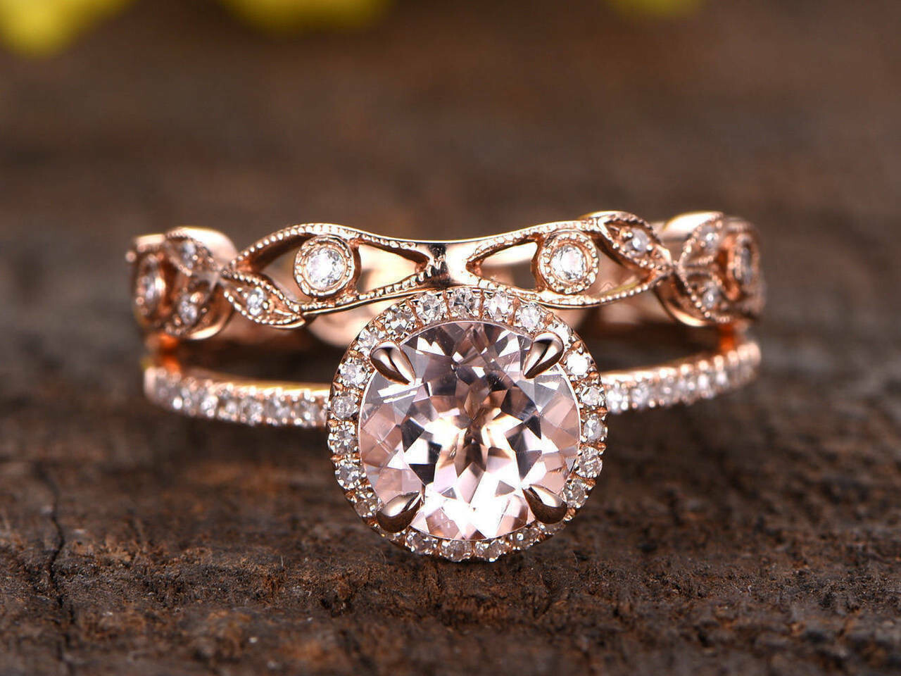 4.00Ct Round Cut Morganite Bridal Set Halo Engagement Ring 14K Rose Gold Finish
