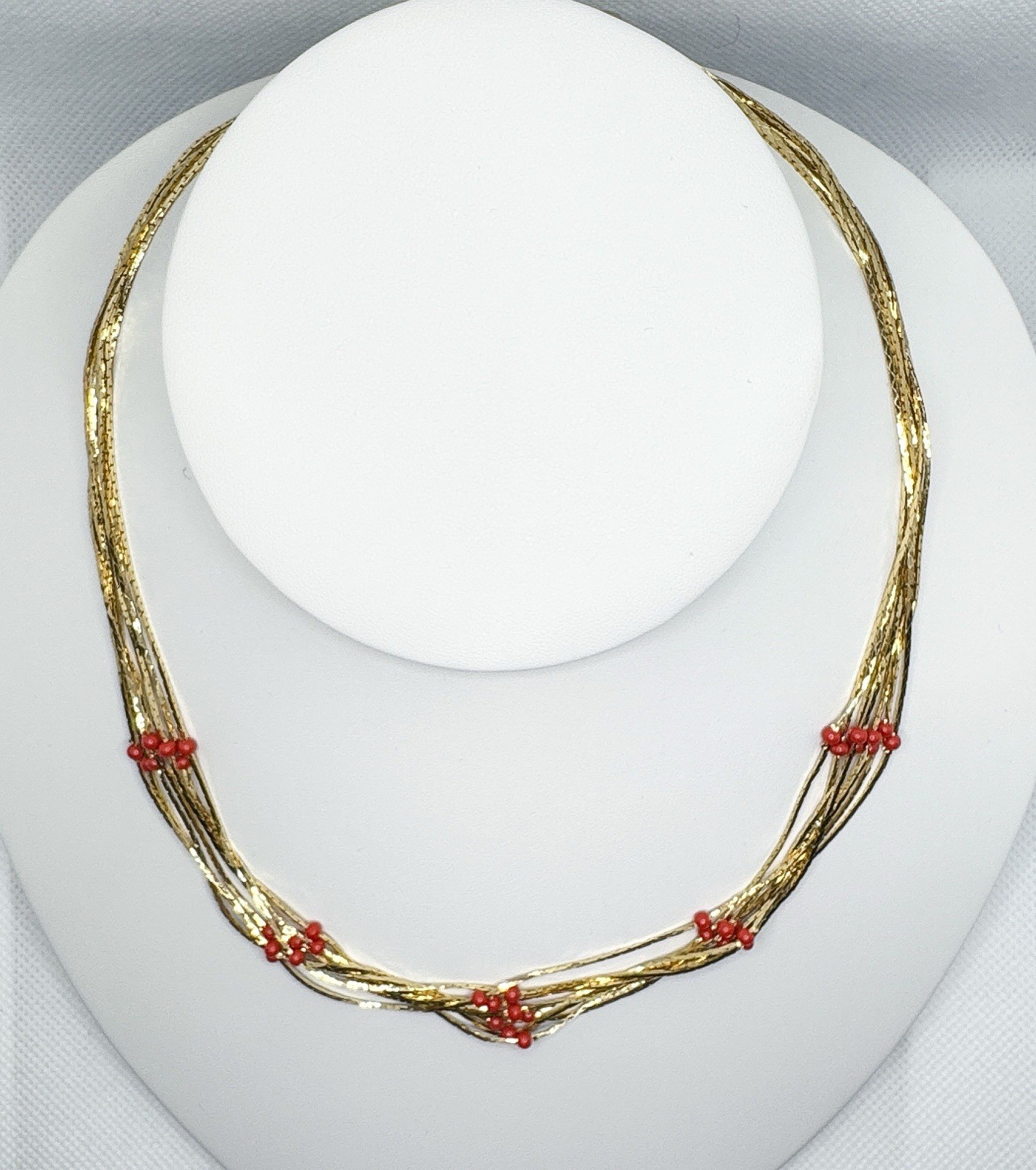 Bold 7 Strand Gold Tone Necklace w Tiny Red Beads. Liquid Gold Style Retro
