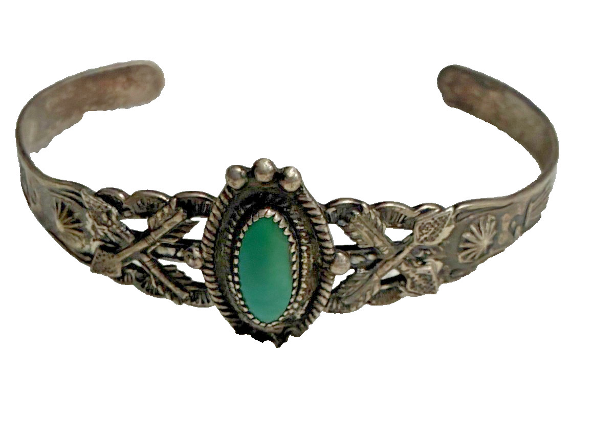 Vintage 1940’s Sterling Silver Cuff Bracelet Fred Harvey Era Style Turquoise