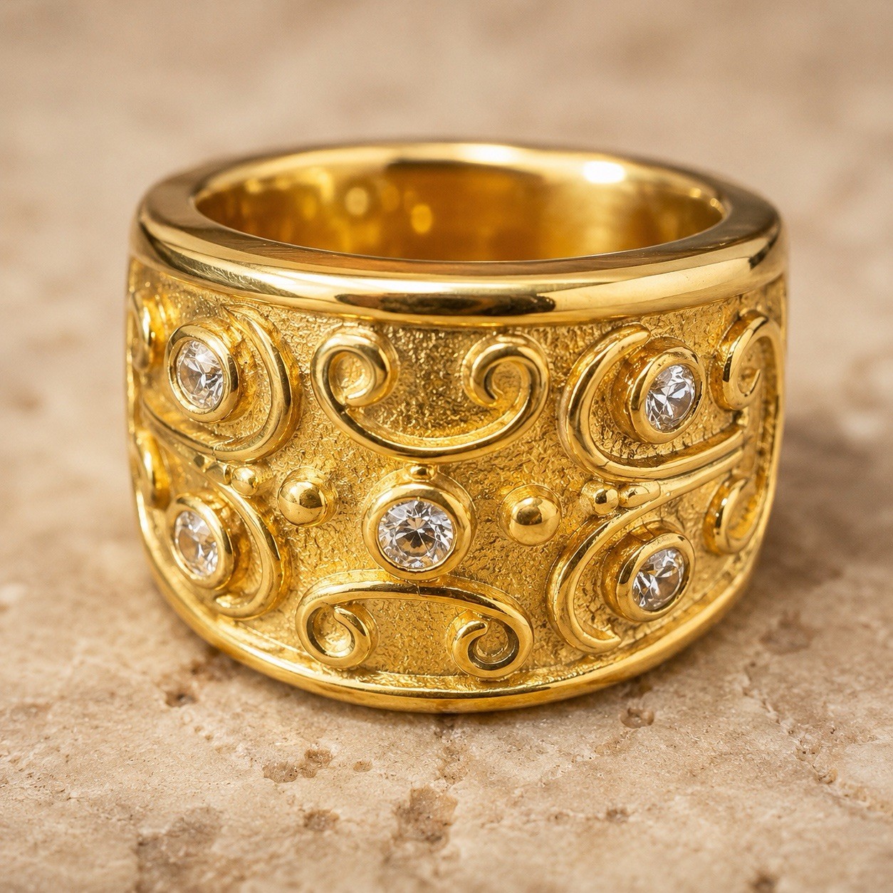 Vintage Gold Plated Wide Band Ring Sz 7 Scrolls Etruscan Revival Estate USA Made