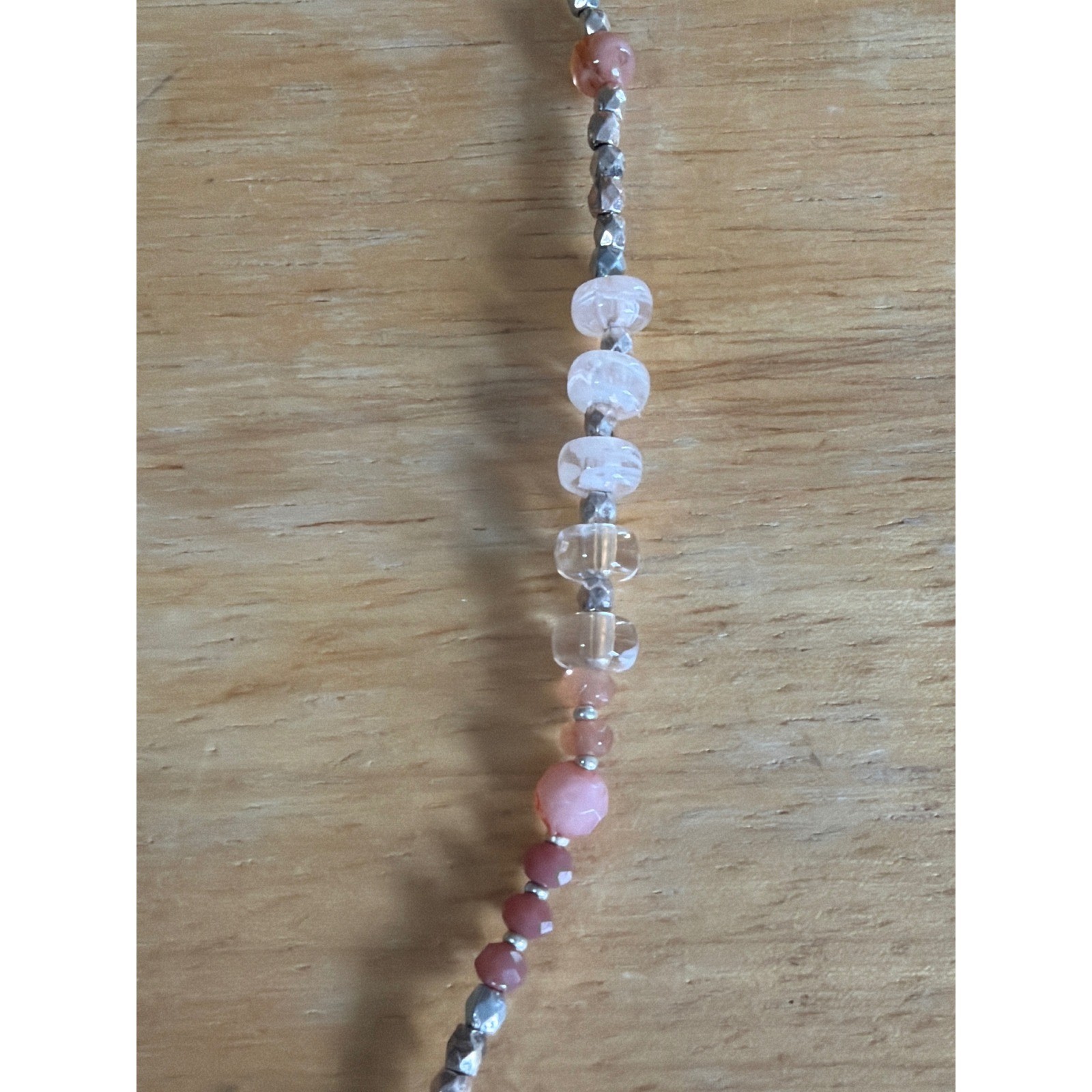 Bohemian Pink Peach Stone Beaded Long Strand Necklace Silver Accents