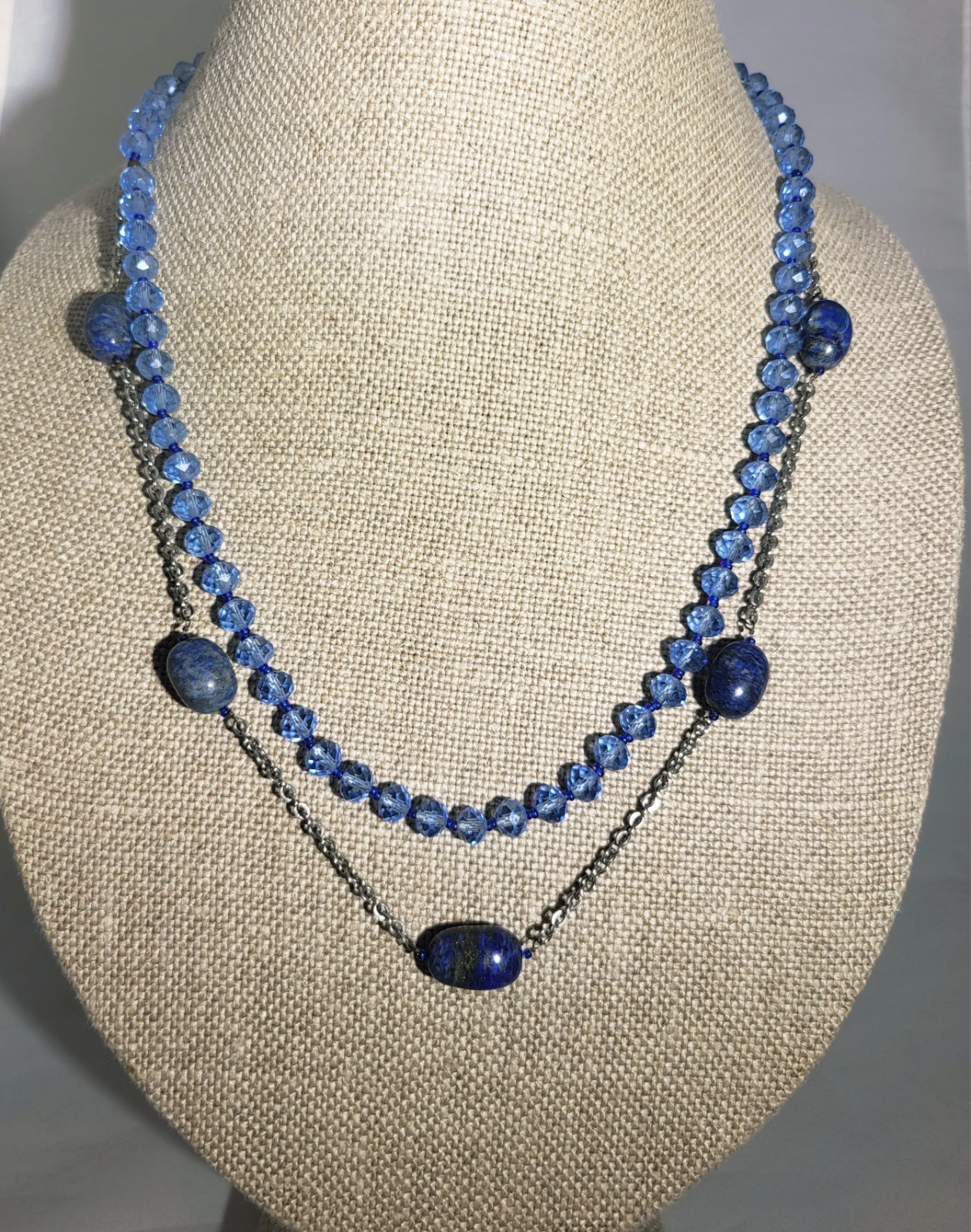 Layered Blue Beaded Necklace w/Blue Faceted Glass & Blue Polished Stones ~ 24″ L