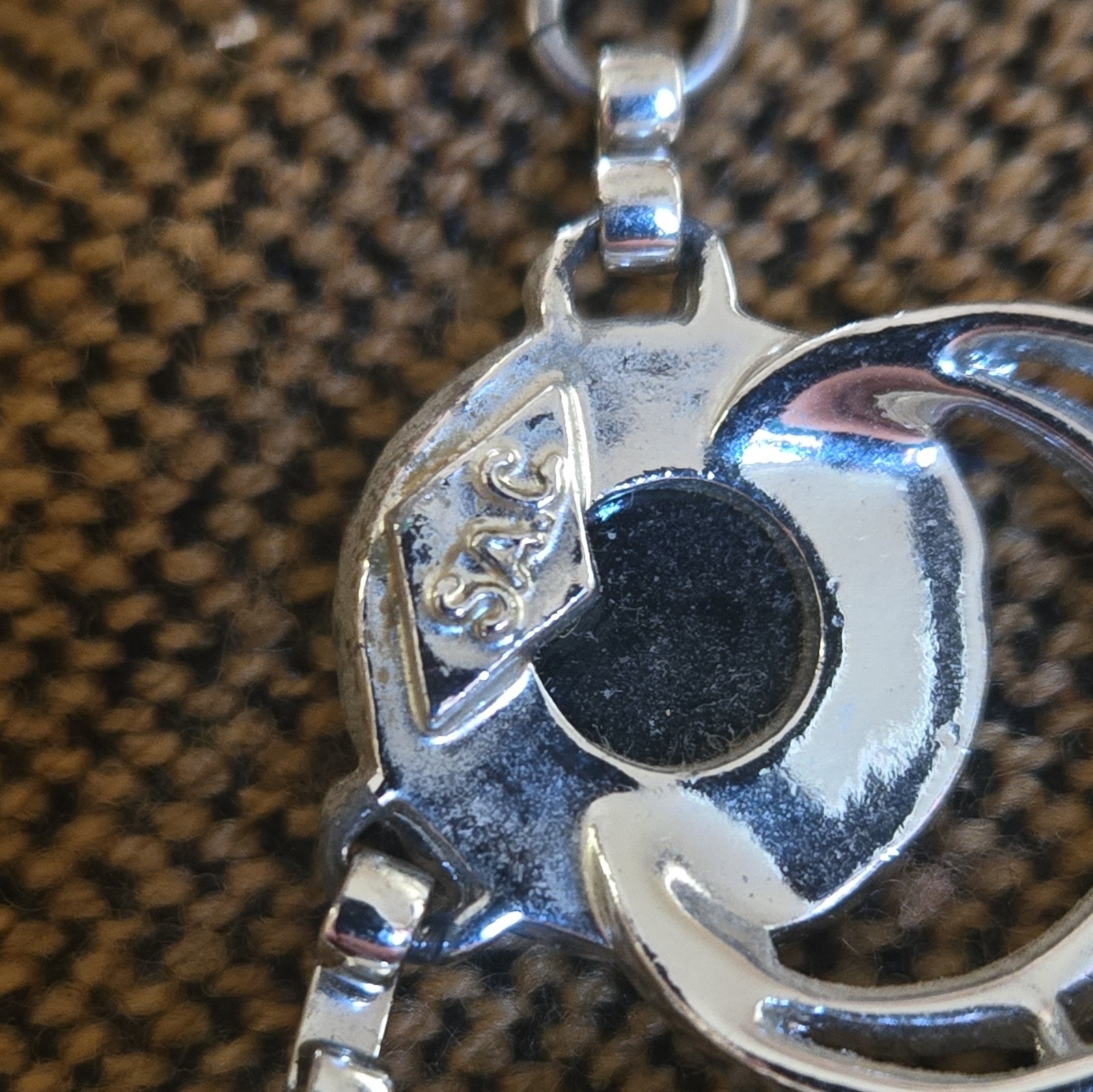 925 Silver Tone Station Link Statement Necklace 7 Black Cabochon Lobster