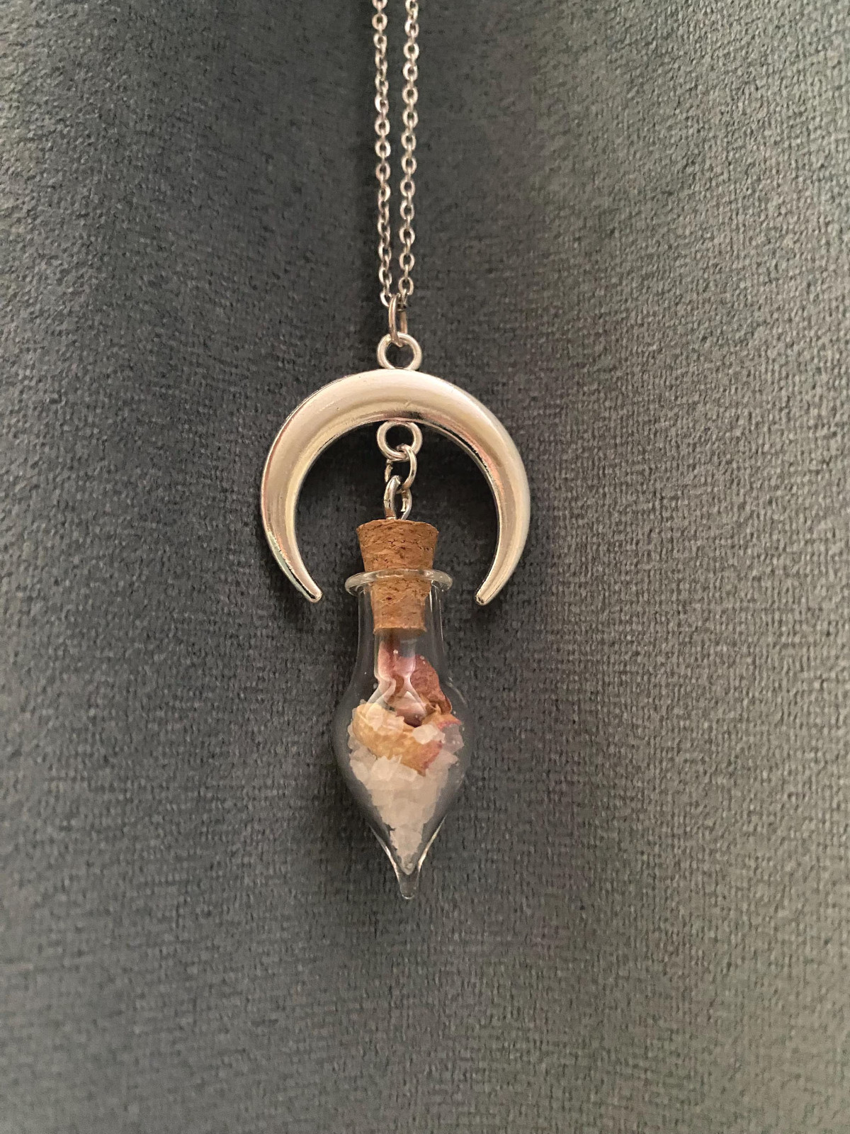 Crescent Moon Necklace Vial of Salt and Rose Petals Love Protection