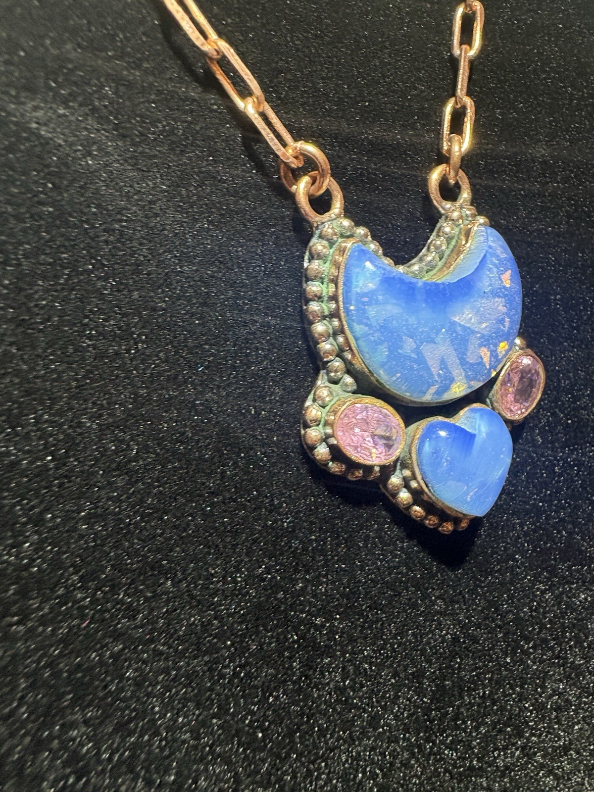 Copper Chain Necklace With Blue Crescent Moon Heart Doublet Opal & Cz Pendant