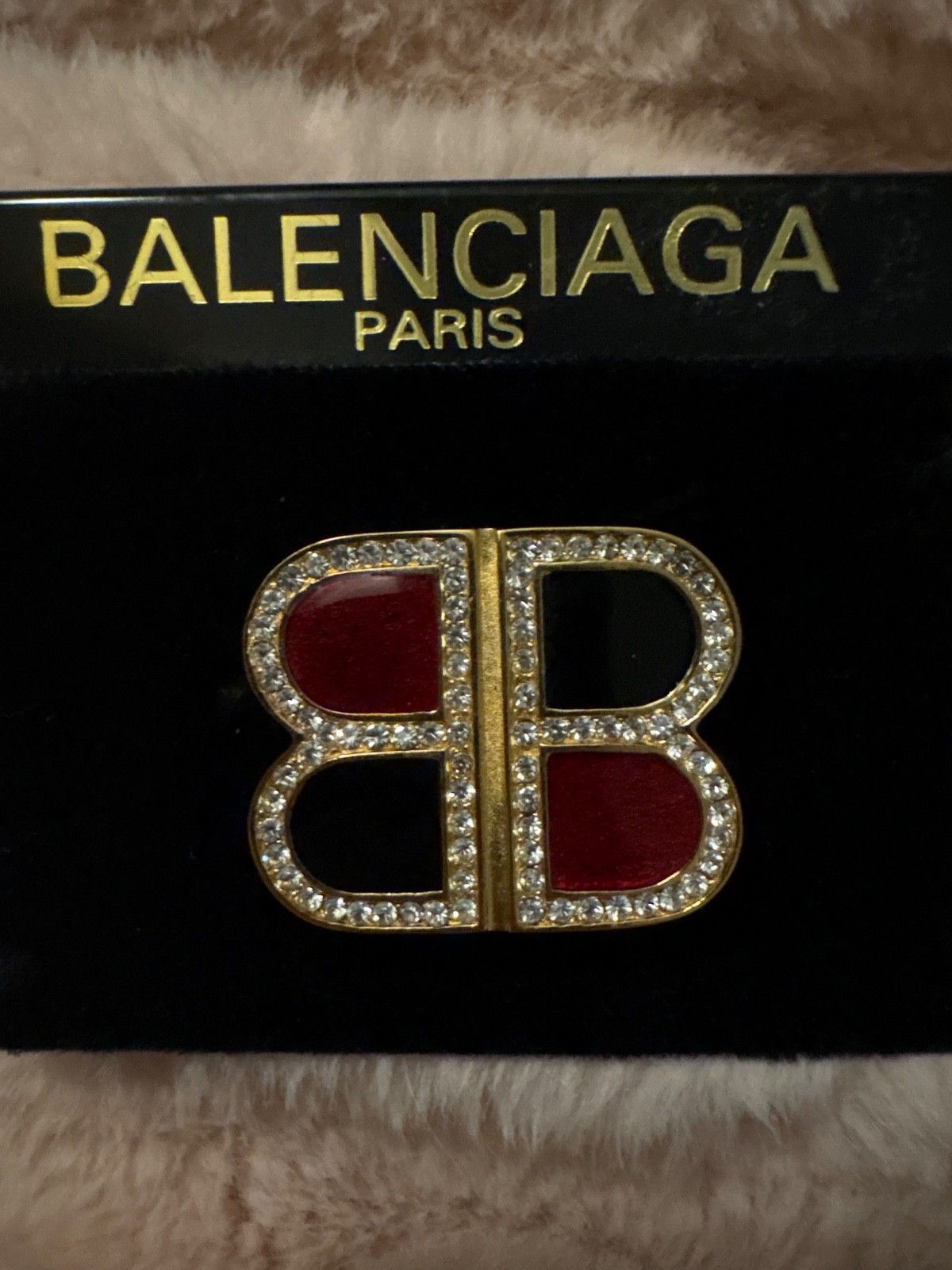 Balenciaga Paris Vintage BB logo Brooch Crystal gold tone with red and black.