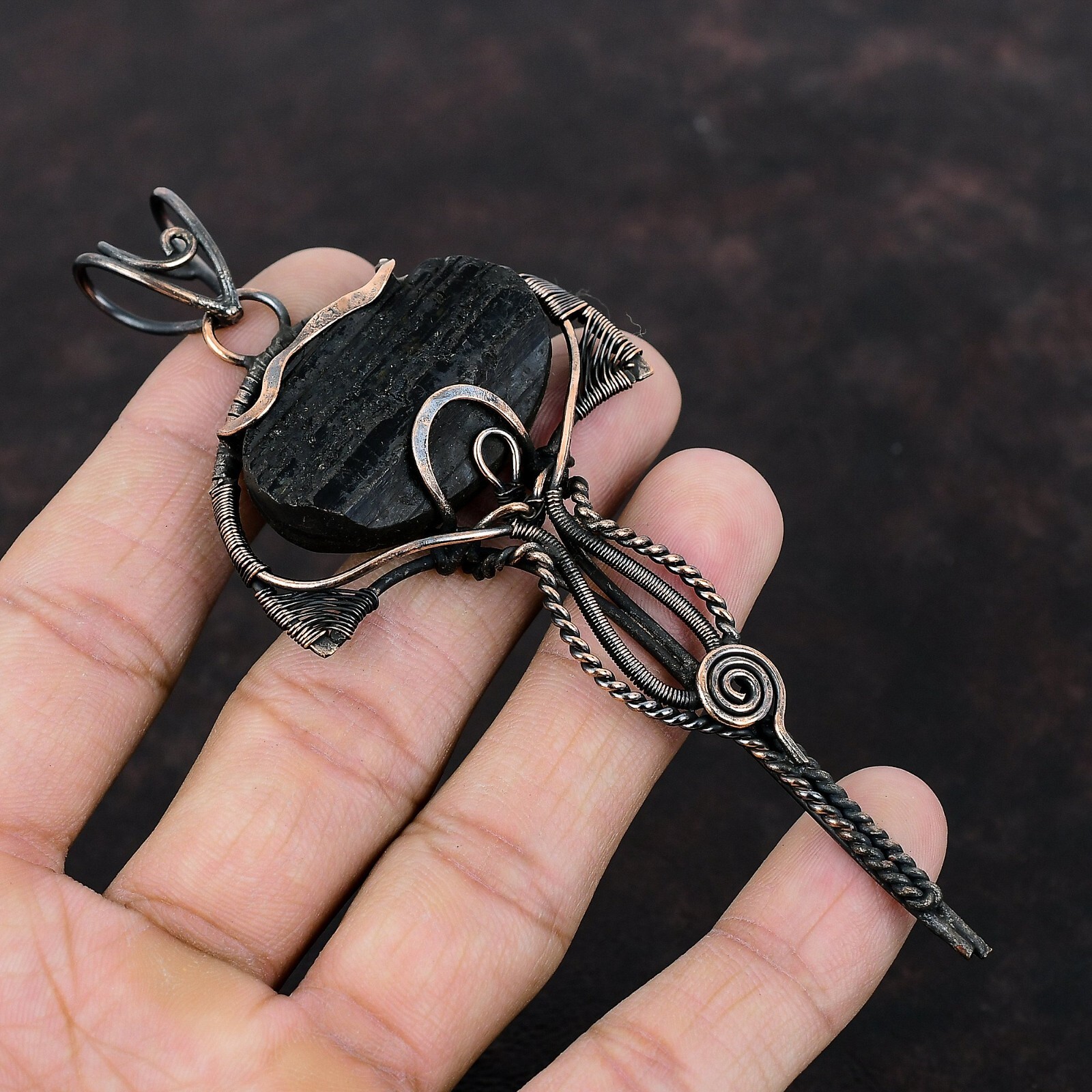 Black Tourmaline Rough Wire Wrapped Pendant Handcrafted Copper Gift 4.72″