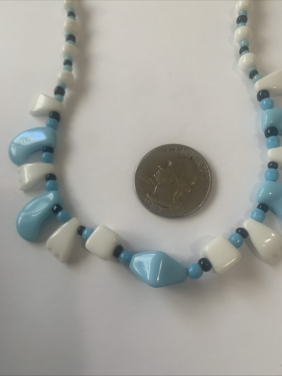 Vintage Style Blue and White Beaded Necklace with Unique Clasp.