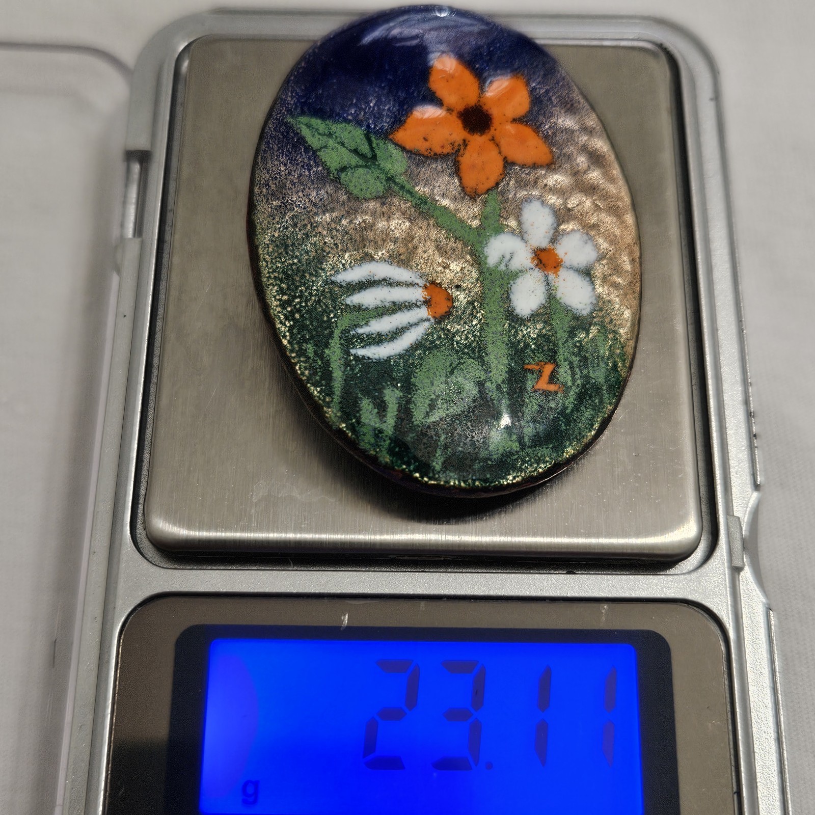Oval Handmade Hammered Copper Enameled White Orange Floral Brooch 2 X 1.5 inches