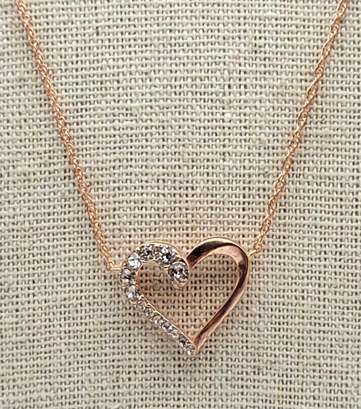 Vtg. SU CH CZ Crystal Heart Necklace Rose Gold Over Sterling Silver 20.5 In