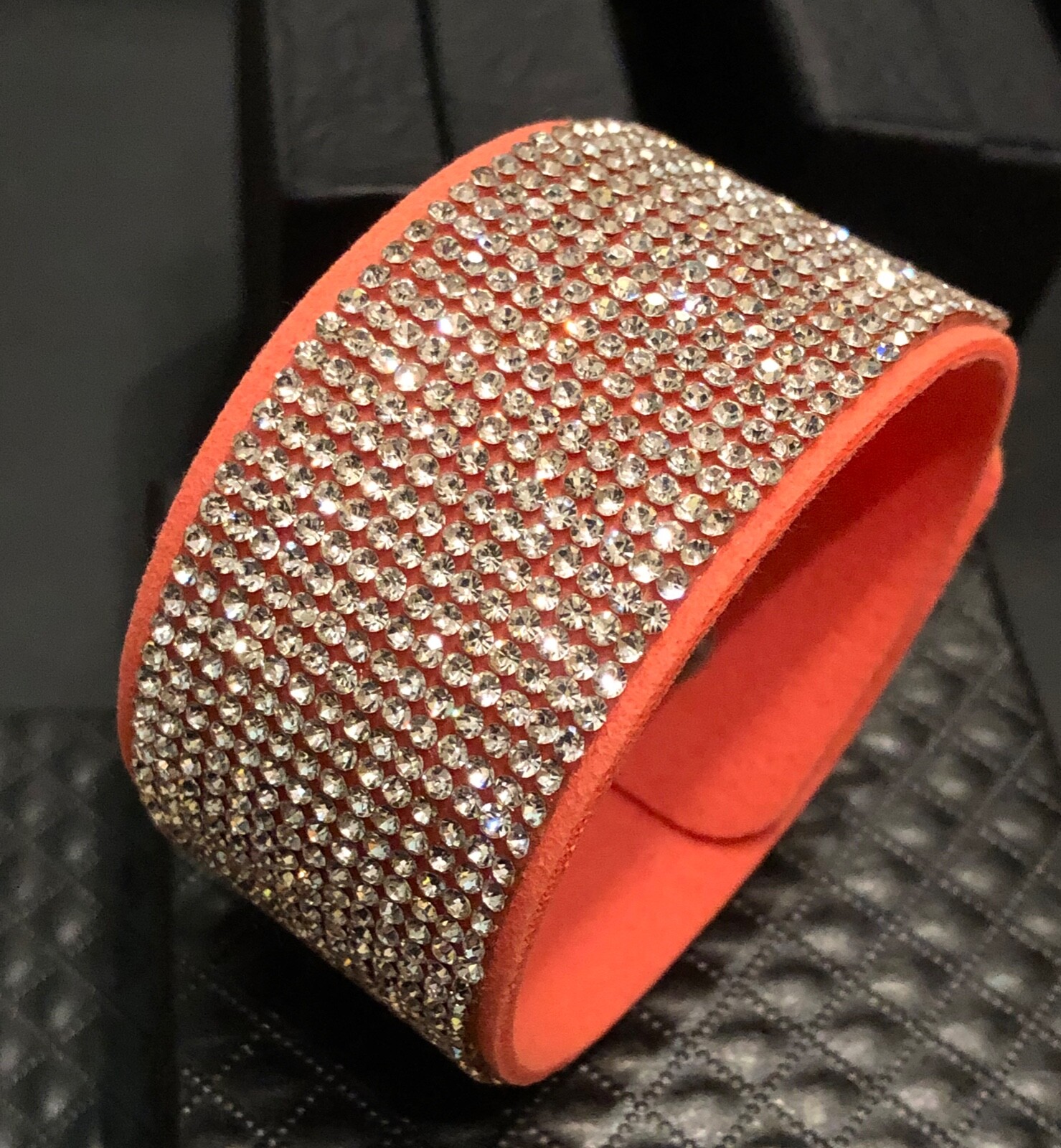 Swarovski Elements Crystal Wrap Bracelet Tan Alcantara Leather Wide Bling Cuff
