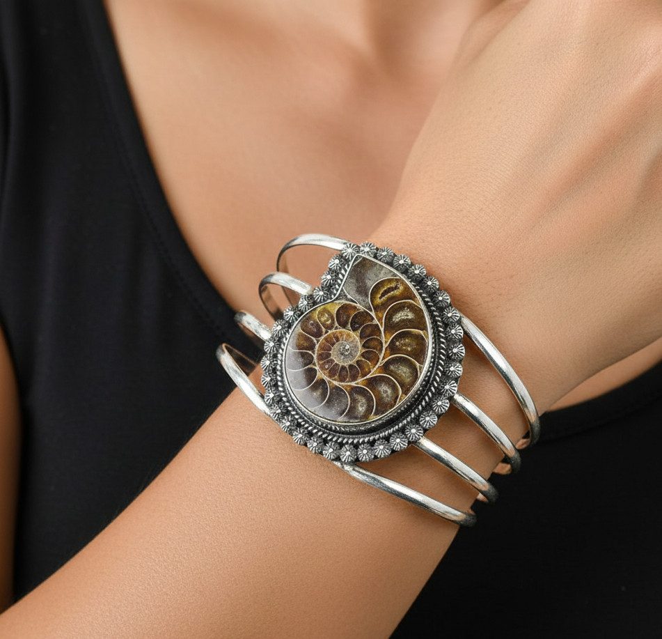 925 Sterling Silver Ammonite Fossil Gemstone Handmade Jewelry Cuff Bracelet