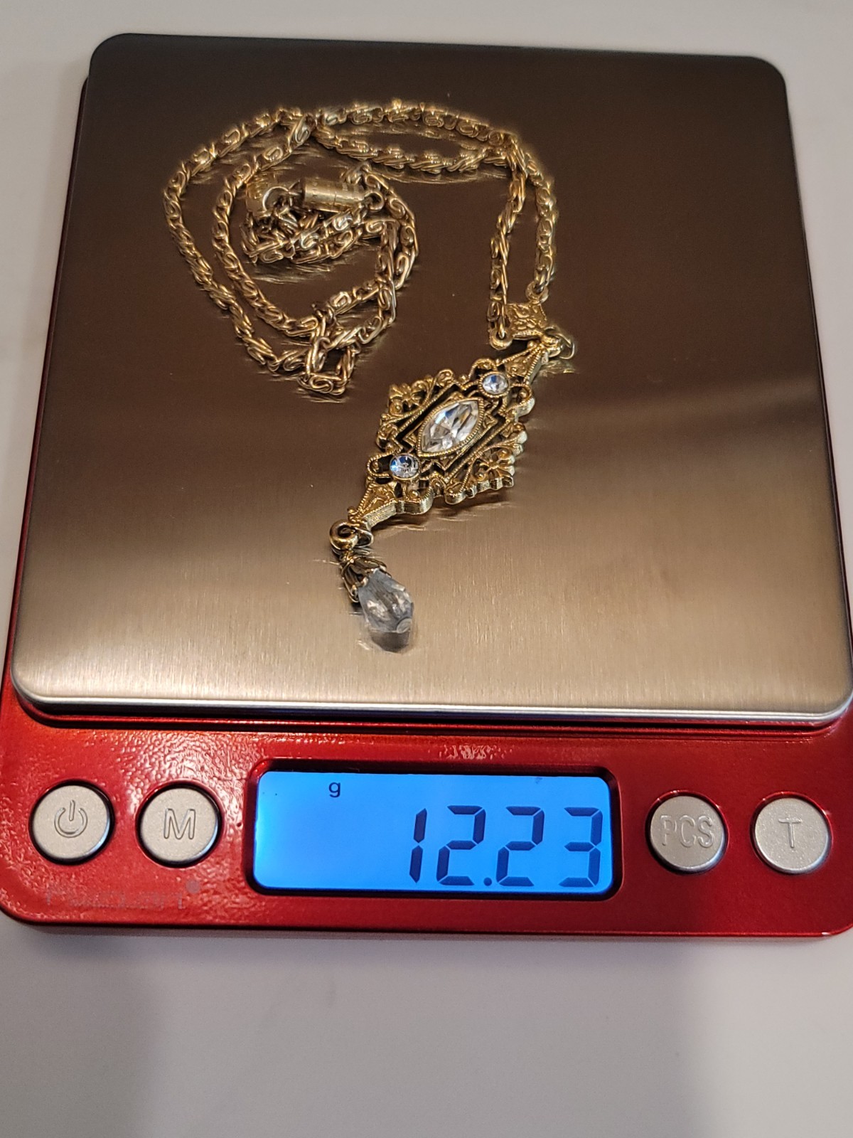 Vintage 1928 Gold Tone Crystal Drop Pendant Necklace Art Deco Revival