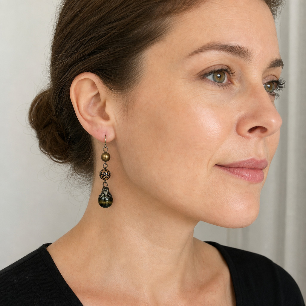 VTG Style Bronze Tone Metal Earth Tone Beaded Dangle Drop Hook Fashion Earrings