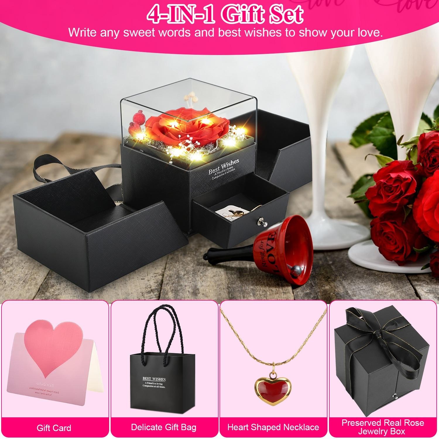 Preserved Red Real Rose w/ Heart Necklace Eternal Flowers w/ Golden