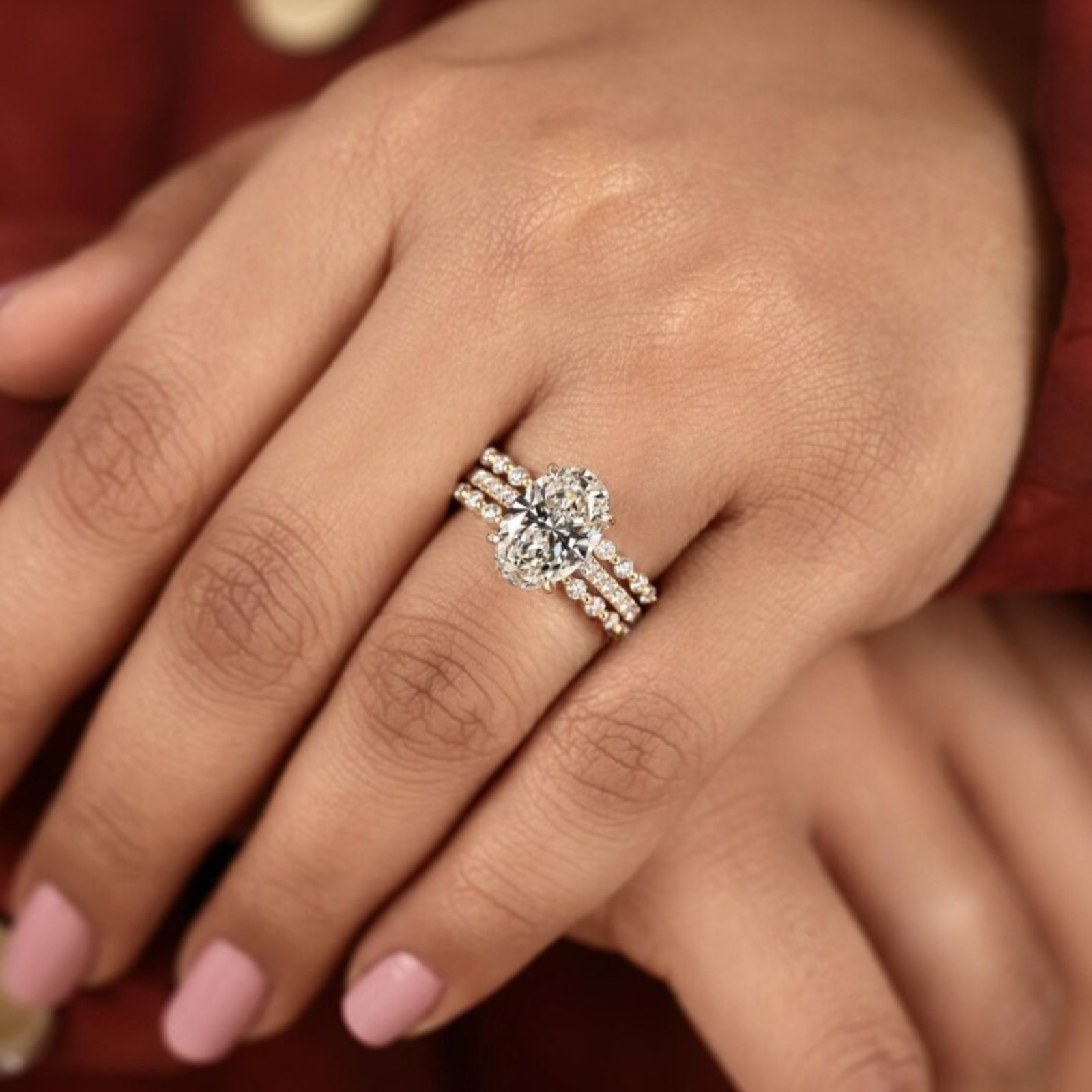 3 Carat Oval Cut Lab Grown Diamond Engagement Ring With 2 Bands | 14k Gold