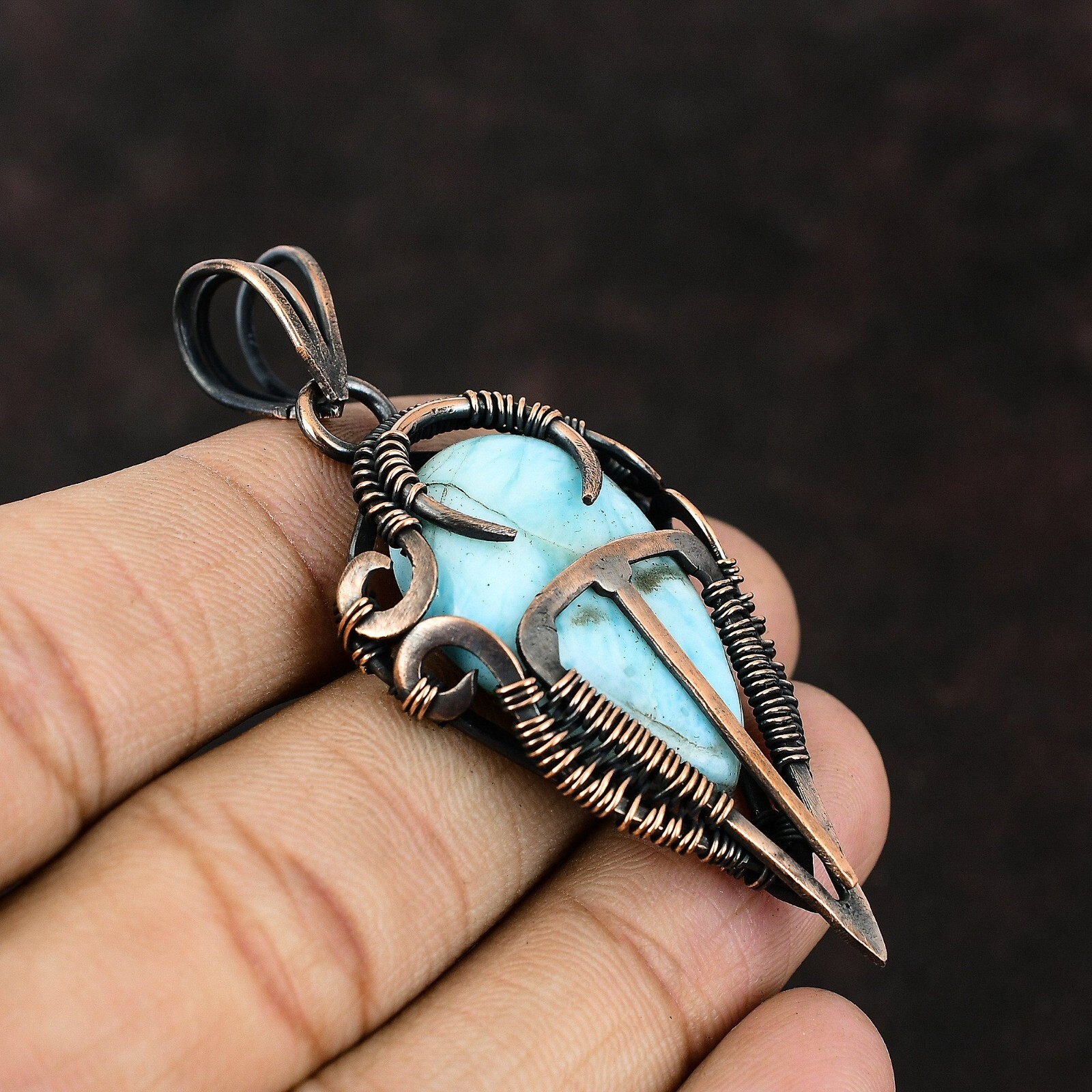 Larimar Gemstone Jewelry Copper Gift For Mother Wire Wrapped Pendant 2.56″