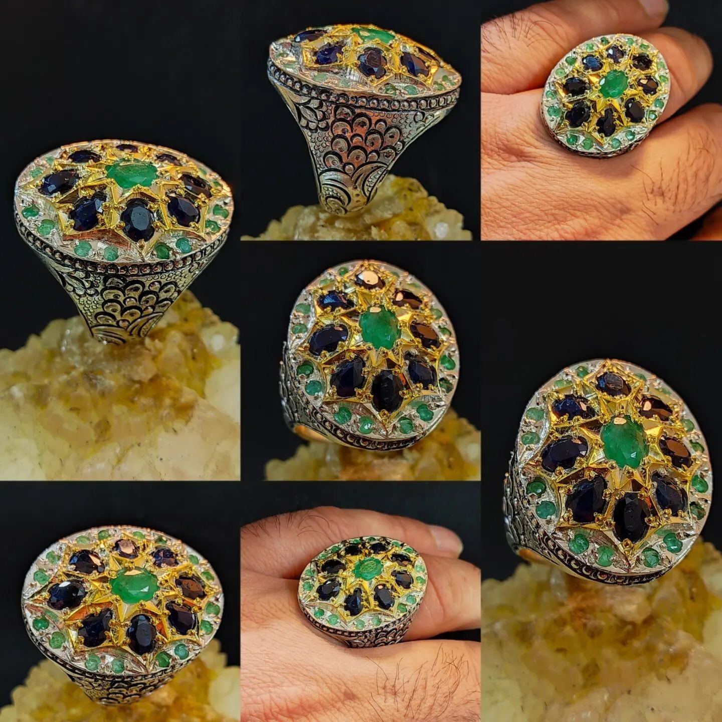 Natural Emerald Stones with Sapphire Stones Ring Multi Stones Handmade Ring