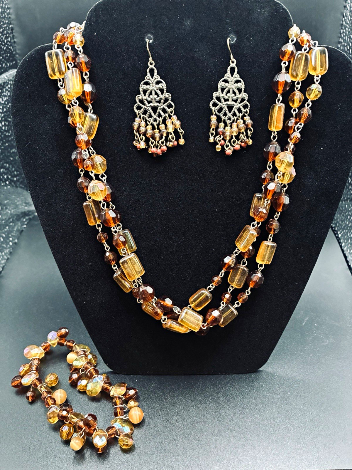 Amber Tone Brown Orange Baroque Bead Adjustable Necklace Earrings Bracelet
