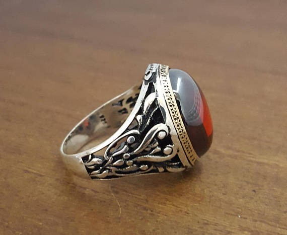 Solid 925 Sterling Silver Natural Red Garnet Gemstone Signet Men’s Unisex Ring